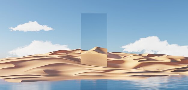 Abstrakter Dünenfelsensand mit metallischen Bögen und sauberem blauem Himmel Surrealer minimaler natürlicher Landschaftshintergrund der Wüste Szene der Wüste mit glänzenden metallischen Bögen geometrisches Design 3D Render