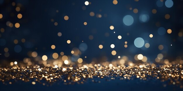 Abstrakter dunkelblauer und goldener Partikelhintergrund. Weihnachtsgoldenes Licht wirft Bokeh-Partikel über einen Hintergrund aus marineblauem Goldfolien-Erscheinungsbild, Urlaubsidee. Generative KI