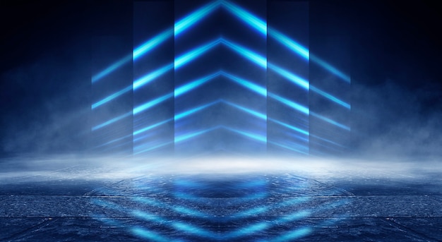 Abstrakter dunkler futuristischer Hintergrund Blaue Neonlichtstrahlen reflektieren vom Wasser