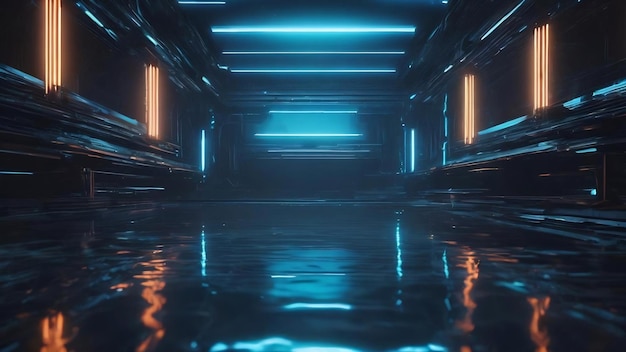Abstrakter dunkler futuristischer Hintergrund blauer Neonlichtstrahlen reflektieren sich vom Wasser