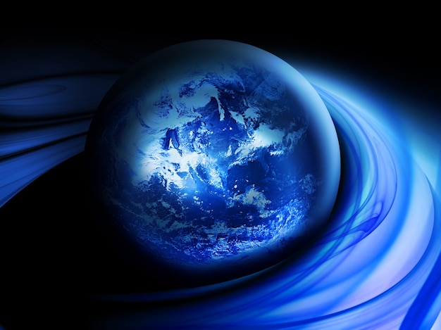 Abstrakter dunkler Hintergrund mit blauem Planeten