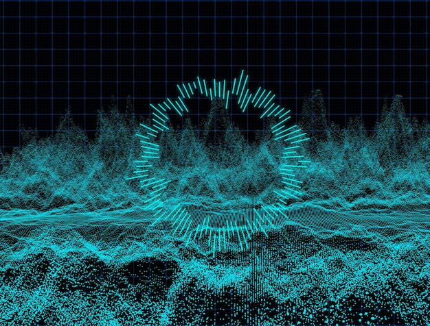 Abstrakter dunkler Hintergrund mit sich bewegenden Loop-TexturpartikelnBewegungsgrafik Hintergrund des Kugelpunkts Animation von nahtlosen digitalen blaugrünen Audio-SchallwellenlichtDynamische Mesh-Oberflächenillustration