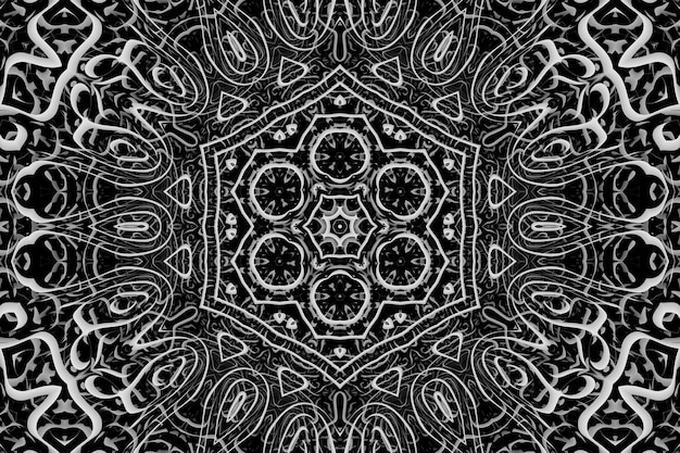 Abstrakter dunkler Retro- verzierter Ornamenthintergrund, gebogene geometrische symmetrische Musterelemente, Kaleidoskopeffekt