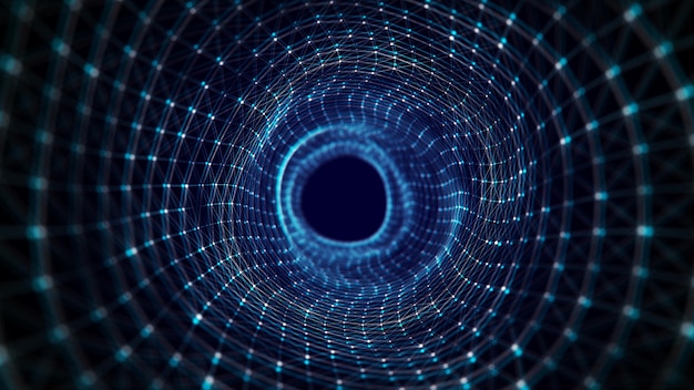 Abstrakter dynamischer Wireframe-Tunnel auf blauem Hintergrund Tiefes wellenförmiges Wurmloch Futuristische Partikelströmung 3D-Rendering