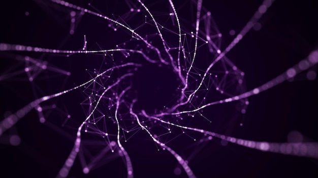 Abstrakter dynamischer Wireframe-Tunnel auf violettem Hintergrund Tiefes wellenförmiges Wurmloch Futuristischer Partikelfluss 3D-Rendering