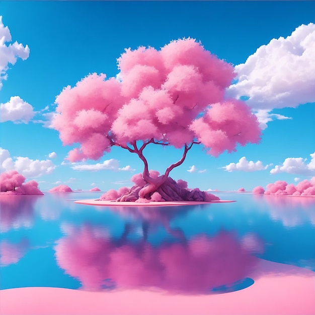 Abstrakter einzigartiger Hintergrund Fantasielandschaft einer rosa Insel, umgeben von ruhigem Wasser