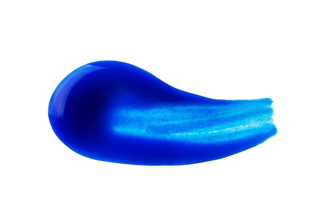 Abstrakter Farbabstrich des blauen Gels. Blauer blonder Haarshampoofleck lokalisiert auf weißem Hintergrund