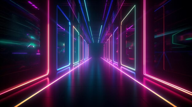Abstrakter farbiger Neonlicht-Fußweg auf einem dunklen Tunnel mit einer Stadt im Hintergrund, generative KI