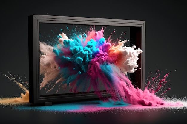 Abstrakter Farbspritzer mit Rahmen für Tapetendesign Farbiger Staub explodiert Farbspritzer auf schwarzem Hintergrund generative KI