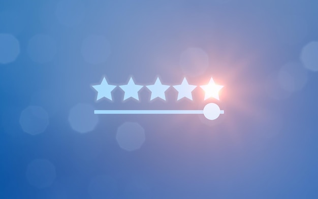 Abstrakter Fünf-Sterne-Bewertungshintergrund mit leuchtendem und hellem Stern auf hellblauem Hintergrund 5 Sterne und Bewertungsschieber Moderne Bewertungskonzepttapete
