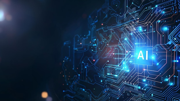 Abstrakter futuristischer digitaler Hintergrund mit glühendem KI-Text und Leiterplattenmuster