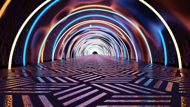 Abstrakter futuristischer Glühen 3D-Tunnel mit Neonlichtern mit Musterboden