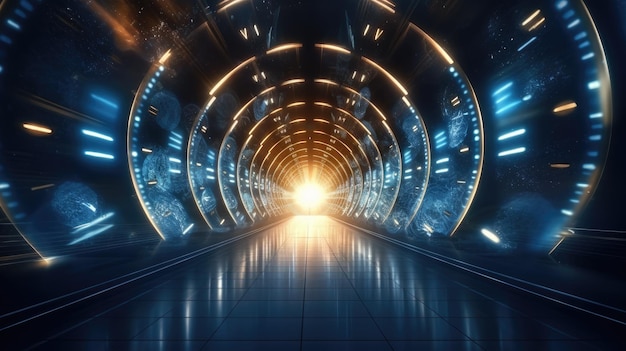abstrakter futuristischer Tunnelkorridor mit glühenden Lichtern und Reflexionen 3D-Rendering