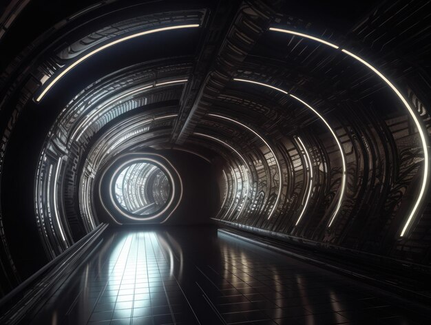 Abstrakter futuristischer Tunnelkorridor mit glühenden Lichtern und Reflexionen Science-Fiction-Stil Erstellt mit generativer KI-Technologie