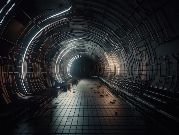 Abstrakter futuristischer Tunnelkorridor mit leuchtenden Lichtern und Reflexionen im Science-Fiction-Stil, erstellt mit generativer KI-Technologie