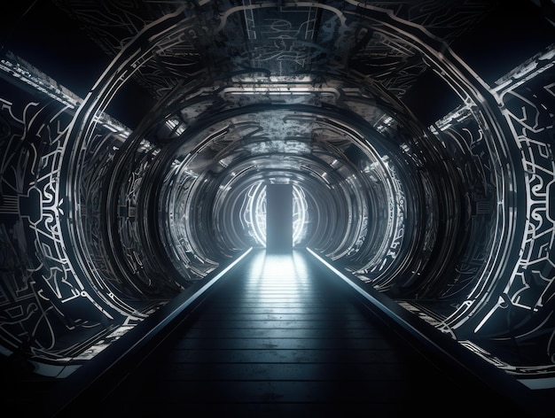 Foto abstrakter futuristischer tunnelkorridor mit leuchtenden lichtern und reflexionen science-fiction-stil erstellt mit generativer ki-technologie