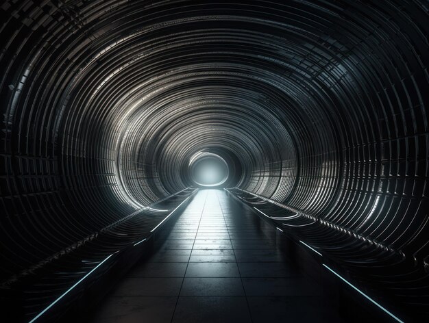 Abstrakter futuristischer Tunnelkorridor mit leuchtenden Lichtern und Reflexionen Science-Fiction-Stil Erstellt mit generativer KI-Technologie