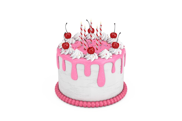 Abstrakter Geburtstags-Cartoon-Dessert-Kirschkuchen mit Kerzen auf weißem Hintergrund 3D-Rendering