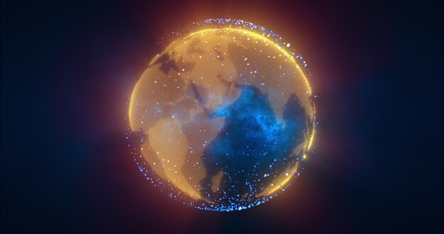 Abstrakter gelber Planet Erde, der sich mit futuristischen Hightech-Partikeln dreht, hell leuchtender magischer Energie abstrakter Hintergrund