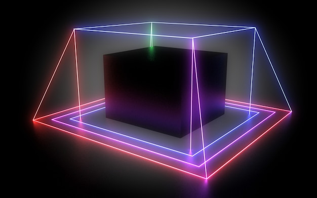 Abstrakter geometrischer 3D-Hintergrund mit Neonlichtern. 3D-Illustration