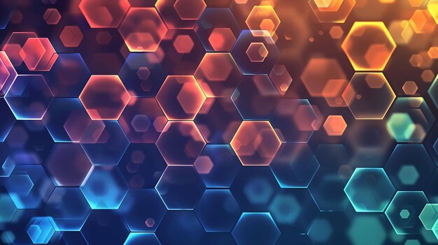 Abstrakter geometrischer Hintergrund mit leuchtenden Sechseckern in blau-orange und rot
