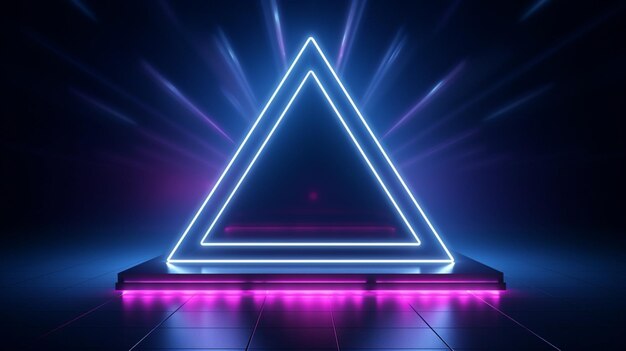 Foto abstrakter geometrischer hintergrund mit neonförmigem dreieckigem rahmen, der in der dunkelheit mit gradientlicht leuchtet moderne schaufenster für die produktpräsentation