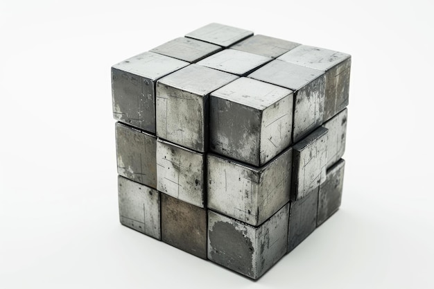 Foto abstrakter geometrischer metallgrauer würfel auf weißem hintergrund