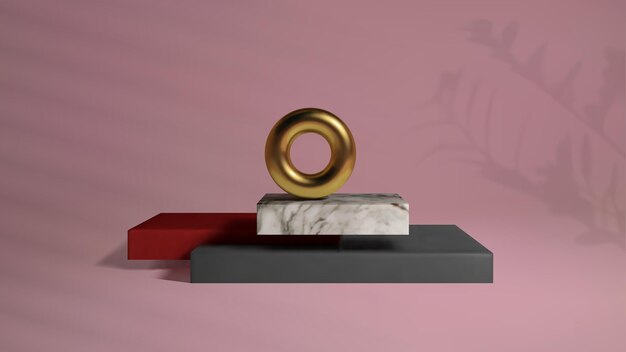 Abstrakter goldener Torus auf Luxus-Mock-up-Bühne Plattformvektor 3D-Renderpodium auf rosa Hintergrund im 3D-Stil Kosmetisches Hintergrundpodium Plattformstudio-Vektorillustration