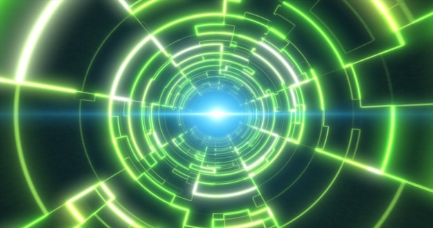 Abstrakter grün leuchtender Neon-Laser-Tunnel futuristischer Hitech mit abstraktem Hintergrund der Energielinien