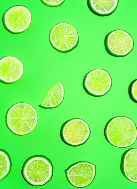 Foto abstrakter grüner hintergrund mit zitrusfrüchten in breiten limettenschnitten studiofotografie