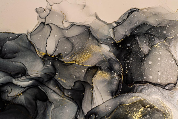 Abstrakter hell glänzender Farbflüssigkeitshintergrund, handgezeichnete Alkoholmalerei mit goldenen Streifen, flüssige Tintentechnik-Textur für hochauflösendes Hintergrunddesign