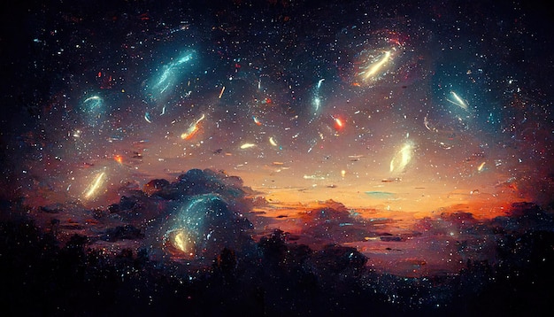 Abstrakter Himmel Hintergrund Kunst Galaxien Universum Sterne Planeten dunkle Wolken in Nacht Fantasy Fairy Tail