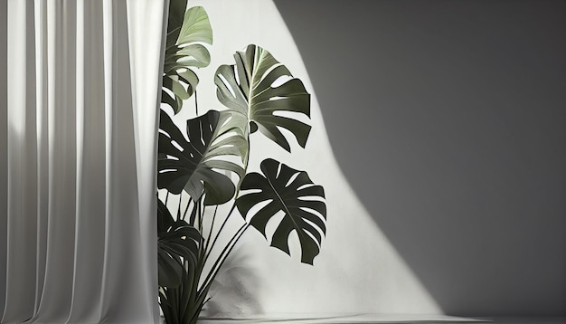 Abstrakter Hintergrund aus frischen Palmblättern und Schatten an der beigenen Wand