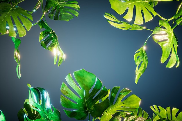 Abstrakter Hintergrund, bestehend aus grünen Monstera-Blättern, Kopieren, Einfügen, Kopieren, Raum 3D-Render