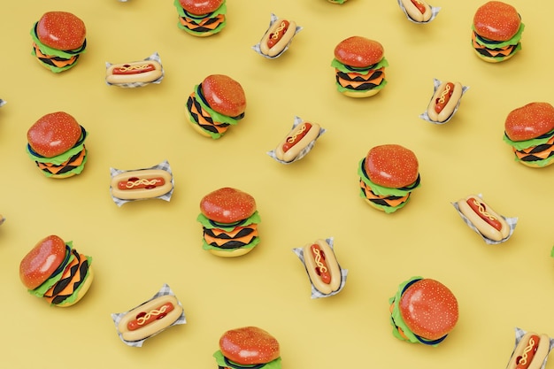 abstrakter Hintergrund, bestehend aus Mustern von Hamburgern und Hot Dogs auf gelbem Hintergrund.