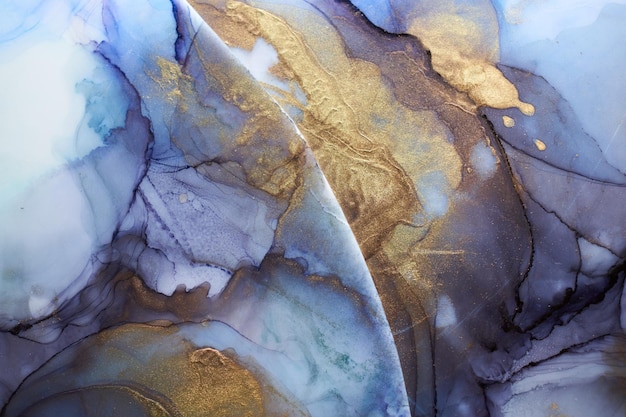 Abstrakter Hintergrund der Alkoholtinte Blaue goldene Luxus-Acrylfarbe in Wasser Textur aus Marmor Druckmuster