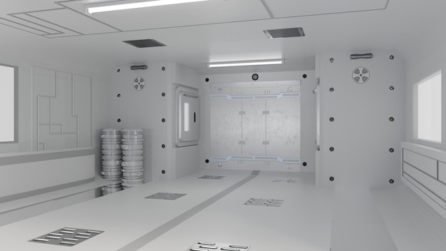 Abstrakter Hintergrund der Sci-Fi-Laborforschung Modernes futuristisches Raumschiff, 3D-Illustrations-Rendering