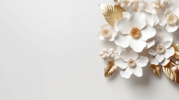 Abstrakter Hintergrund eines Brautstraußrahmens mit weißen Blumen und goldenen metallischen Blättern. Botanische Tapete mit papiergeschnittenem Blumenrand. Horizontale Illustration für Bannerdesign. Generative KI