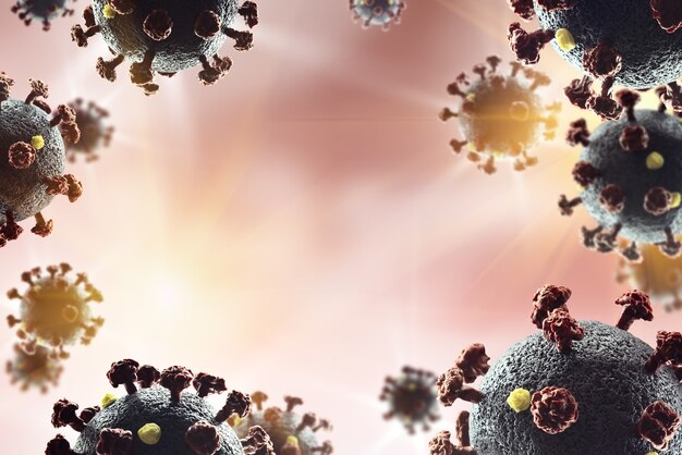 Abstrakter Hintergrund für Design zum Thema Coronovirus-Krankheit COVID-19. Nahmodell des Virus unter dem Mikroskop