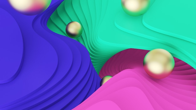 Abstrakter Hintergrund. Goldene Bälle rollen auf grünen, rosa und blauen Stufen. psychedelische Realität und Parallelwelten