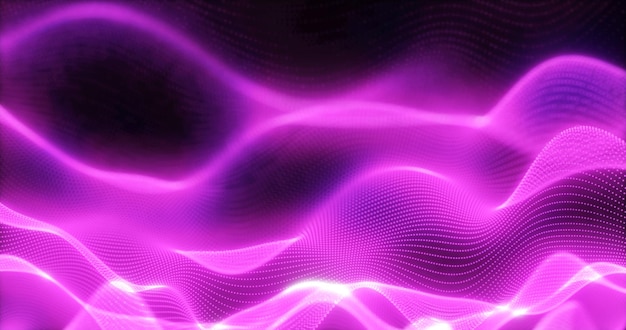 Abstrakter Hintergrund lila futuristisch leuchtender Wellen aus Partikeln von Punkten und Energielinien