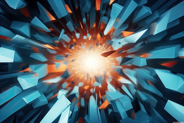 Abstrakter Hintergrund mit blauen und orangefarbenen geometrischen Elementen 3D-Renderillustration Abstrakter geometrischer Hintergrund Explosionskraftdesign mit zerkleinernder Oberfläche AI generiert