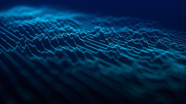 Abstrakter Hintergrund mit blauer dynamischer Welle Visualisierung des Datenflusses Eine aktive Musikwelle im Raum Visualisierung von Big Data 3D-Rendering