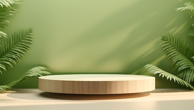 Foto abstrakter hintergrund mit braunem tischständer aus leerem holz, sockelmodell für die präsentation von produktinhalten vor grünen wandfarnblättern. kopierraum. minimaler szenenkreis
