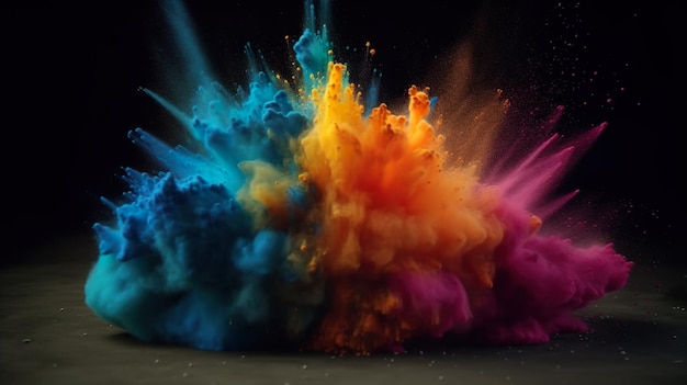 Abstrakter Hintergrund mit bunter Pulverexplosion des Holi-Urlaubs Helle Tapete mit Staubexplosion mit spritzenden Pigmentfarbtropfen Horizontale Illustration für Bannerdesign Generative KI