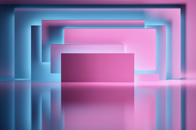 Foto abstrakter hintergrund mit den rosa platten oder rechteckformen belichtet durch blaulicht über glänzender reflektierender oberfläche. raum mit geometrischen grundformen.