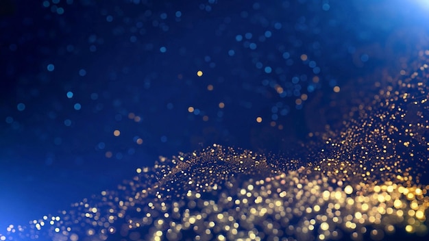 Abstrakter Hintergrund mit dunkelblauen und goldenen Partikeln, weihnachtliches goldenes Licht, Glanzpartikel, Bokeh o