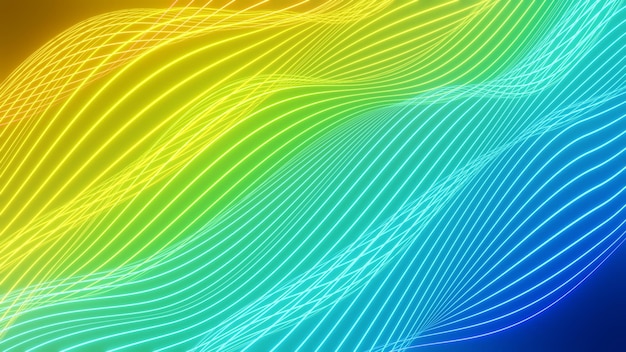 Abstrakter Hintergrund mit dynamischen bunten Partikelschallwellen. Welle des musikalischen Soundtracks für die Aufnahme. 3D-Mischung. Sound Oszillation Design.Element für Thementechnologie futuristisch. Regenbogenfarben