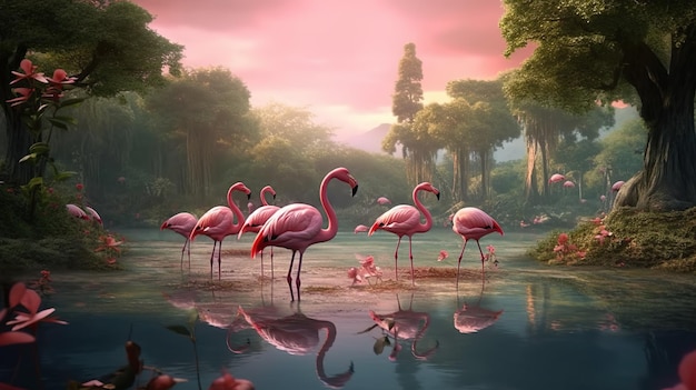 Abstrakter Hintergrund mit Flamingogruppen, die im See stehen Vögel mit rosa Gefieder im Garten mit grünen Bäumen und Blumen moderne Tapete Horizontale Illustration für Bannerdesign Generative KI