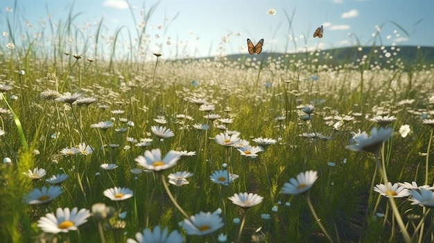 Abstrakter Hintergrund mit fliegenden Schmetterlingen auf dem Gänseblümchenfeld. Kamillenblüten, grünes Gras und Schmetterlinge. Sommerlandschaftstapete. Horizontale Illustration für Bannerdesign. Generative KI